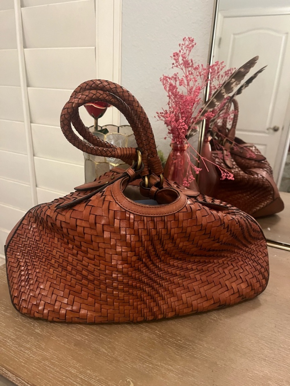 Cole Haan Woven Leather triangle saddle Bag in Cognac Brown